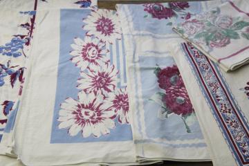 vintage printed cotton kitchen tablecloths, fruit prints  florals in shades of blue, wine purple
