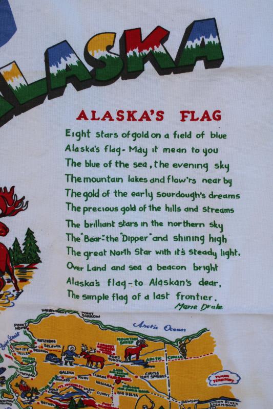 vintage printed cotton kitchen towel, Alaska map tea towel w/ state flag