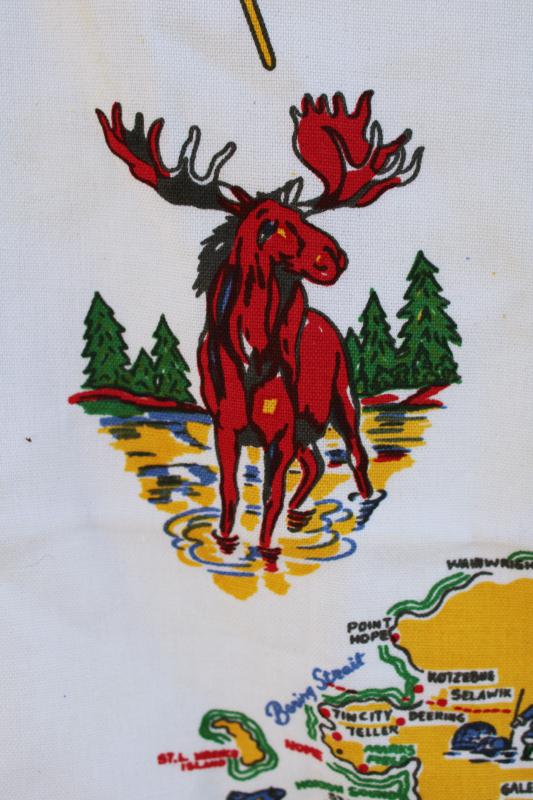 vintage printed cotton kitchen towel, Alaska map tea towel w/ state flag