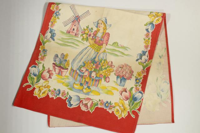 vintage printed cotton kitchen towel, tea or dishtowel w/ tulips Dutch girl print