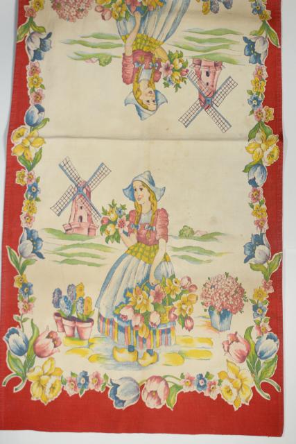 vintage printed cotton kitchen towel, tea or dishtowel w/ tulips Dutch girl print