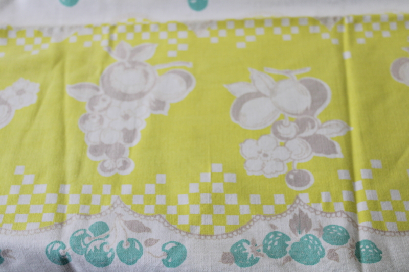 vintage printed cotton tablecloth for kitchen table, fruit print aqua  yellow