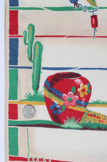 vintage printed cotton towel fabric w/ Mexican cactus print, unused 1940 kitchen linens yardage