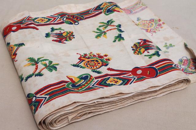 vintage printed cotton towel fabric w/ Old Mexico print, unused 1940 kitchen linens yardage