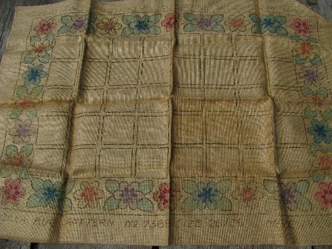 vintage printed hessian burlap canvas for hooked wool rag rug, flowers