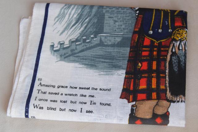vintage printed linen tea towel, Amazing Grace lyrics bagpiper print, souvenir of Scotland