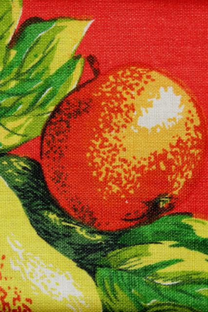 vintage printed linen tea towel, bright colorful fruit on red
