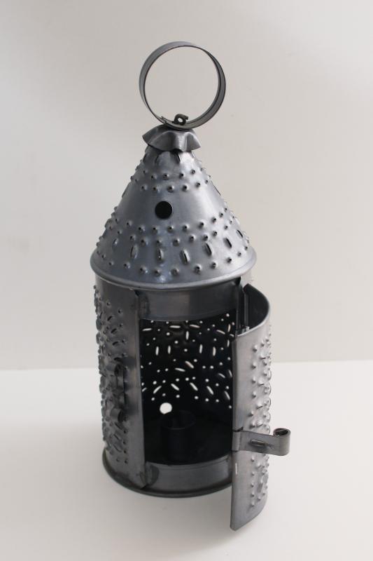 vintage punched tin candle lamp, metal lantern primitive colonial toleware