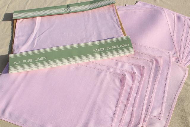 vintage pure Irish linen placemats & napkins set w/ hemstitching, pretty pale pink table linens