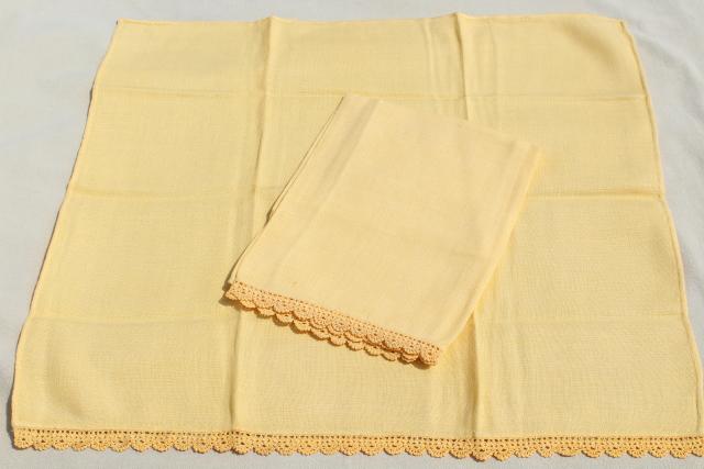 vintage pure linen fabric guest towels w/ hemstitching, tatted lace, crochet edging 
