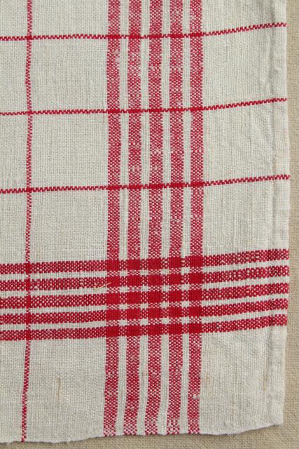 vintage pure linen kitchen towels red & blue checked, rustic french country farmhouse