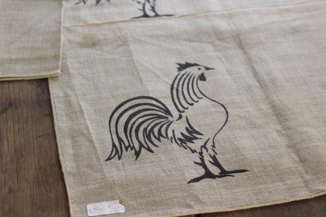 vintage pure linen napkins & place mats w/ rooster chicken print black on flax