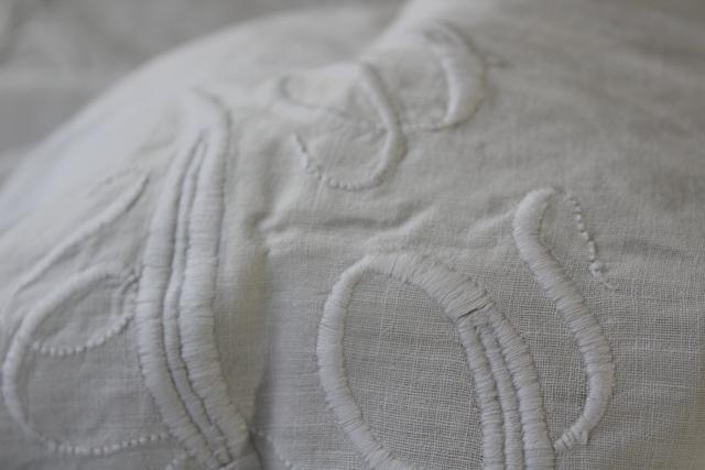 vintage pure linen pillow shams white work padded embroidery, large J monogram