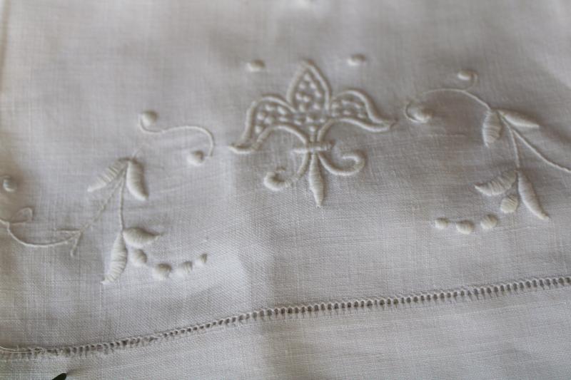 vintage pure linen pillowcases w/ whitework embroidery, french fleur de lis