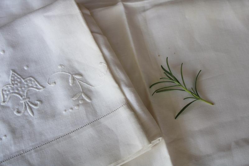 vintage pure linen pillowcases w/ whitework embroidery, french fleur de lis