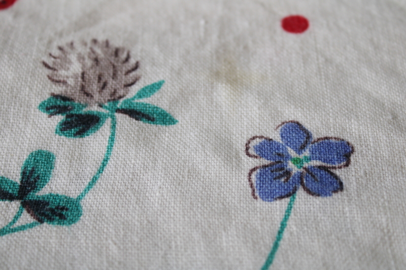 vintage pure linen tablecloth, small kitchen table cloth flowers print clovers buttercups