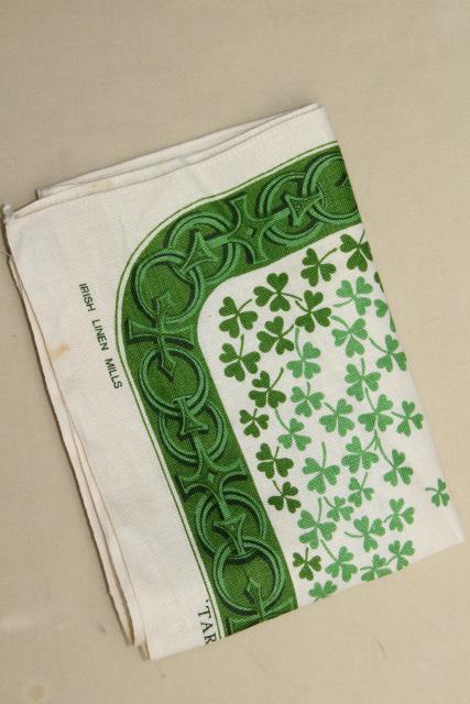 vintage pure linen tea towel, Irish shamrock clover print souvenir of Ireland