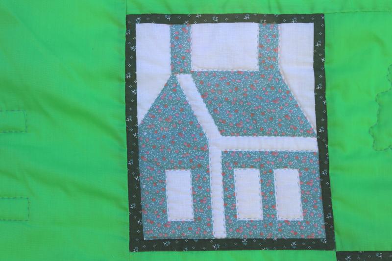 vintage queen king quilt, cottage cabin patchwork blocks, little house on the prairie style