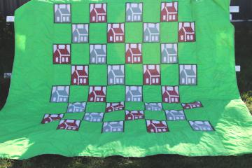 vintage queen king quilt, cottage cabin patchwork blocks, little house on the prairie style