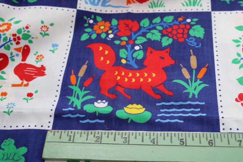 vintage quilt print cotton fabric, w/ naive style animals patchwork blocks print