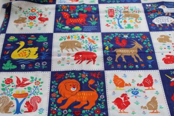 vintage quilt print cotton fabric, w/ naive style animals patchwork blocks print