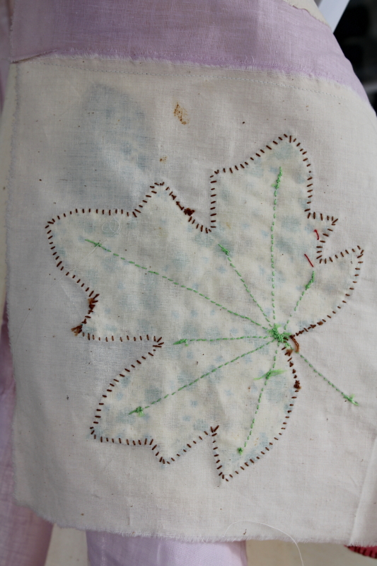 vintage quilt top, all cotton fabric colorful prints, maple leaf hand stitched applique leaves