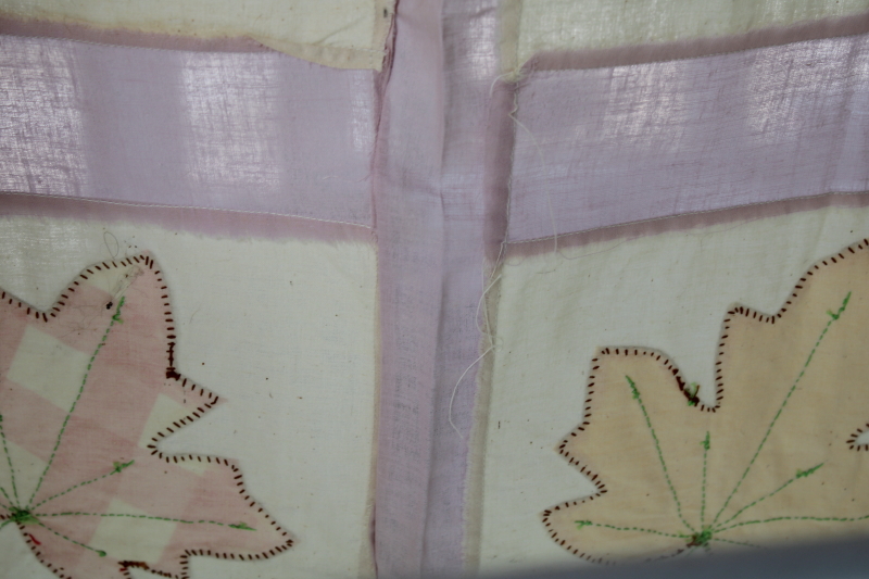 vintage quilt top, all cotton fabric colorful prints, maple leaf hand stitched applique leaves