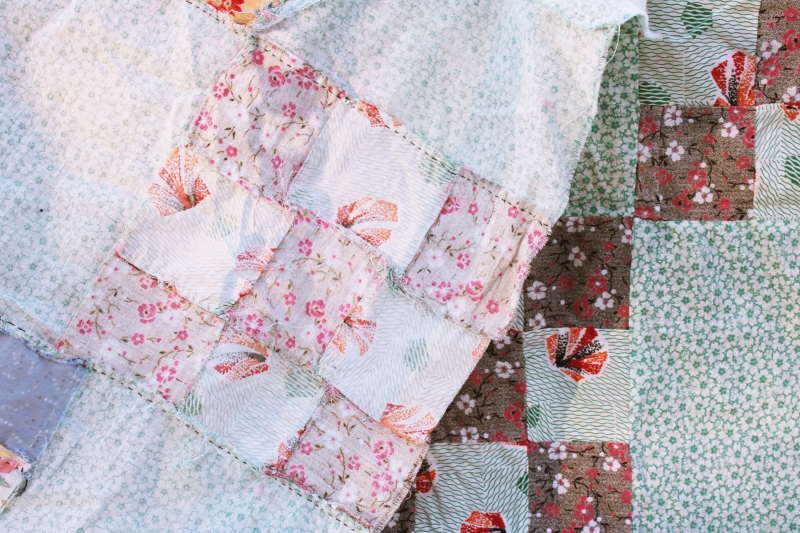 vintage quilt top cotton fabrics  print feed sack patchwork blocks, cottage country primitive
