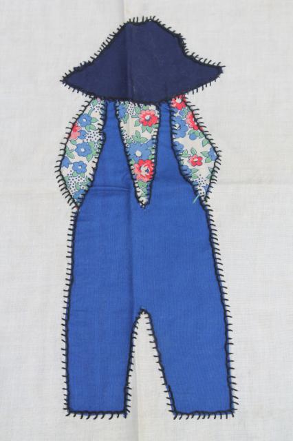 vintage quilt top patchwork applique for baby boy, farmer Sam hat & overalls