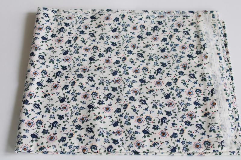 vintage quilting weight cotton fabric, country blue / multi floral on white