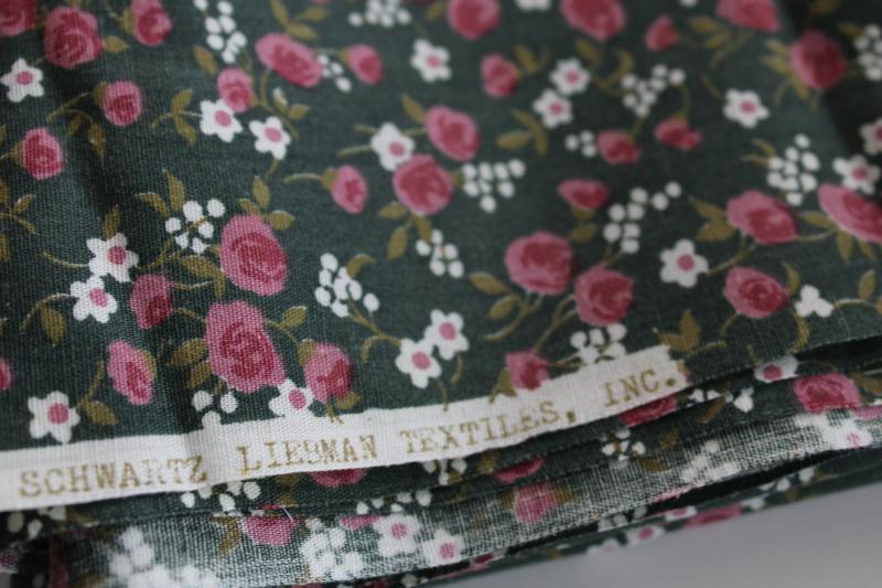 vintage quilting weight cotton fabric w/ flowered print, pink roses on dark green
