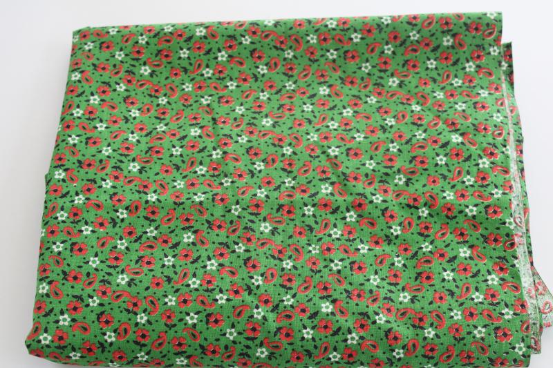 vintage quilting weight cotton fabric green w/ red tiny print flowers & paisley