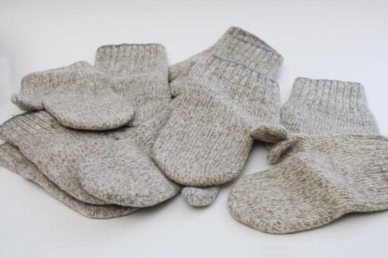 vintage ragg wool knit mittens, natural wool grey heather tweed rustic country style