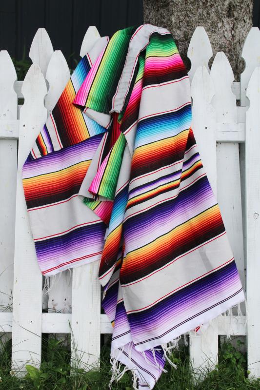 vintage rainbow striped saltillo blanket, hippie drug rug neon bright colors