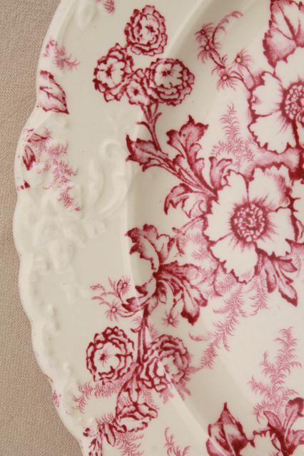 vintage raspberry red chintz floral Taylor Smith Taylor china plates, toile style print