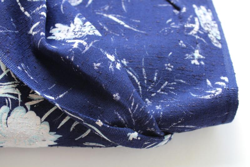 vintage rayon blend heavy crepe fabric, floral print white on navy blue