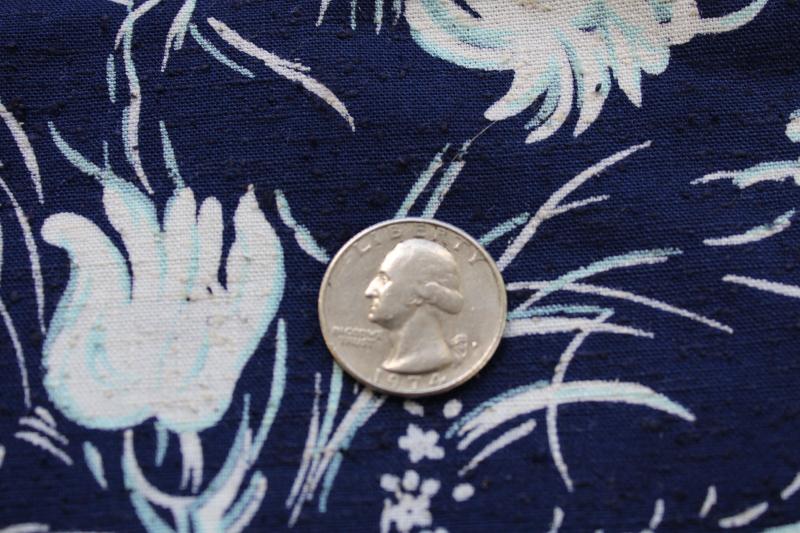 vintage rayon blend heavy crepe fabric, floral print white on navy blue