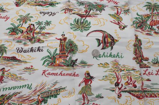 vintage rayon fabric, 40s 50s Hawaiian print fabric w/ surfers & hula girls