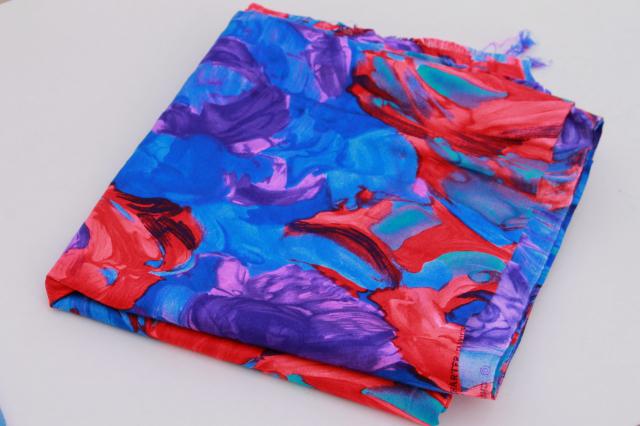 vintage rayon fabric w/ abstract floral print, vivid purple, blue & red