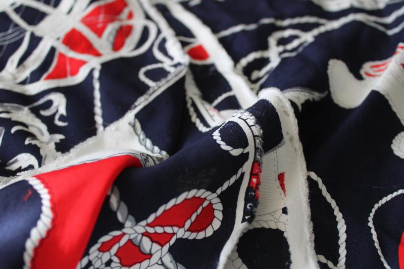 vintage rayon fabric, antique ornate french style nautical print red on navy blue