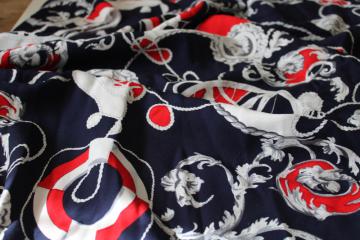 vintage rayon fabric, antique ornate french style nautical print red on navy blue