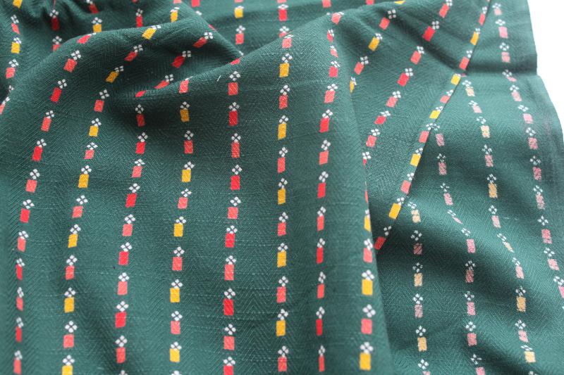 vintage rayon fabric, soft heavy drape herringbone weave green w/ coral, red, yellow