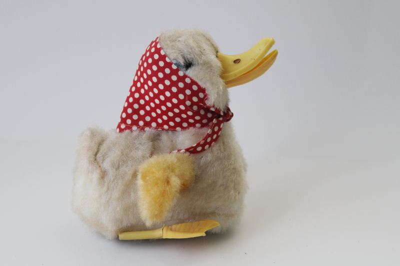 vintage rayon fuzzy duck, not working wind up mechanical toy Mother Goose
