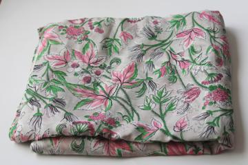 vintage rayon georgette fabric, silky dress or shirt material pink  green floral on gray