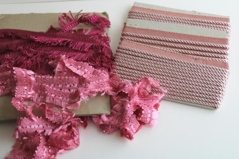 vintage rayon trims for home decor sewing, rose & pink fringe, rope twist braid