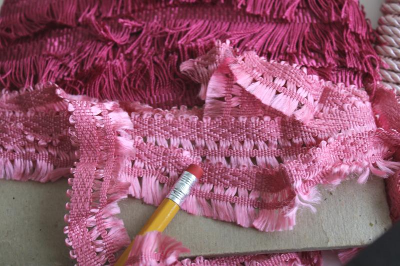 vintage rayon trims for home decor sewing, rose & pink fringe, rope twist braid