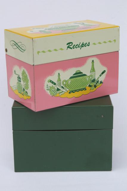 vintage recipe boxes, pink kitchen print metal card file box for recipes cards
