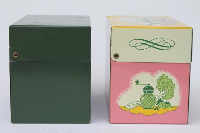 vintage recipe boxes, pink kitchen print metal card file box for recipes cards