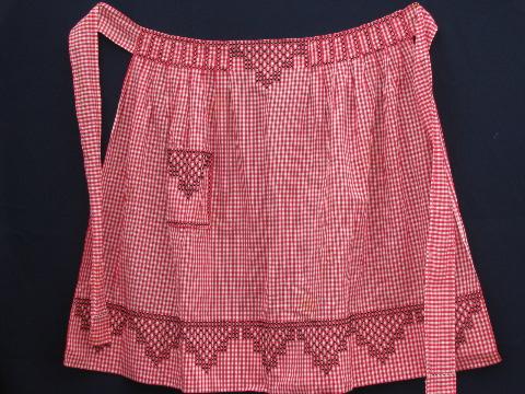 vintage red and white checked gingham half aprons for kitchen chores