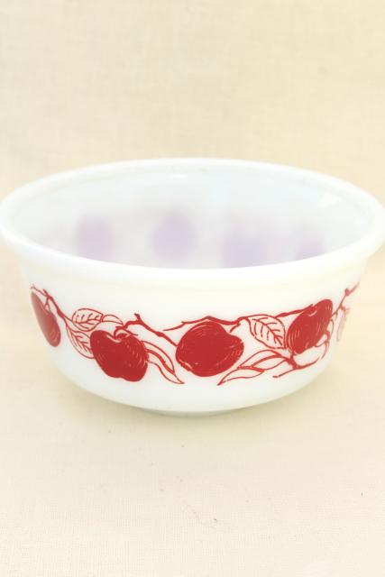 vintage red apples milk glass mixing bowl, Hazel Atlas kitchenware glassware 